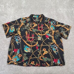 Vintage Chains Equestrian Print Short Sleeve Button Up Mens Shirt XL